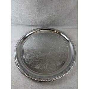 Vintage Kensington Silver Plated Serving Tray 7822 Large 15.5" Round Rope Rim